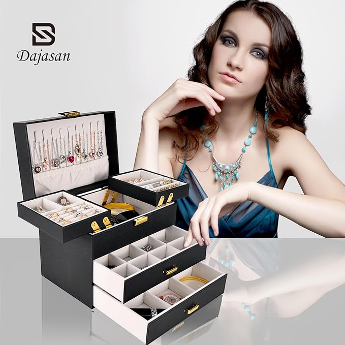Dajasan Jewelry Boxes for Women Girls, Jewelry Holder Organizer Box, 4 Layers Large Jewelry Storage Organizer for Earring, Ring, Necklace, Bracelets (Black)