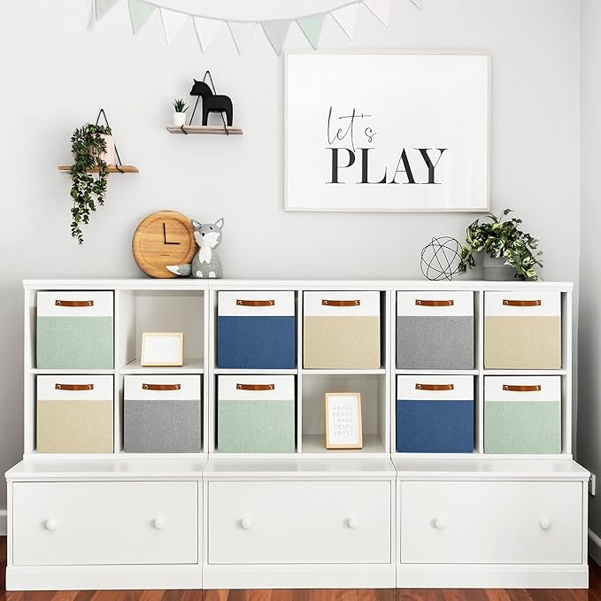 13x13 Storage Cubes 6-Pack, Large Foldable Fabric Cube Storage Bin with Reinforced Bottom and Labels, Organizer Baskets for Shelves, Closets(White/Khaki)