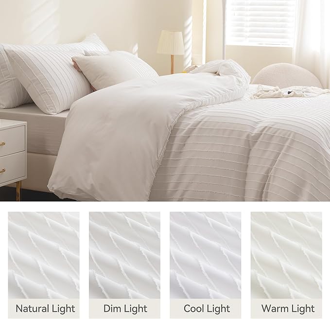 JELLYMONI Duvet Cover Full Size White - 3PCS Boho Striped Duvet Cover Set Polyester Tufted Bohemian Textured Comforter Cover 80×90in with Corner Ties & Zipper and 2 Pillowcases