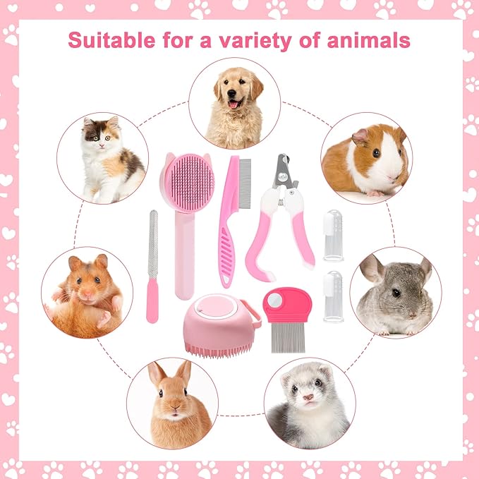 VCZONE 8 Pcs Cat Brush Grooming Kits, Pet Self Cleaning Kit with Pet Nail Clipper and File, Flea Comb, Pet Shampoo Bath Brush, Pet Shedding Brush, Silicone Toothbrush (Pink)