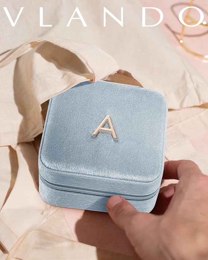 Vlando Travel Gifts 2025, Travel Jewelry Case for Girl Women, A Initial Jewelry Case, Mini Jewelry Travel Organizer Travel Essentials for Gifts for Friend Teen Girls - Letter A, Blue