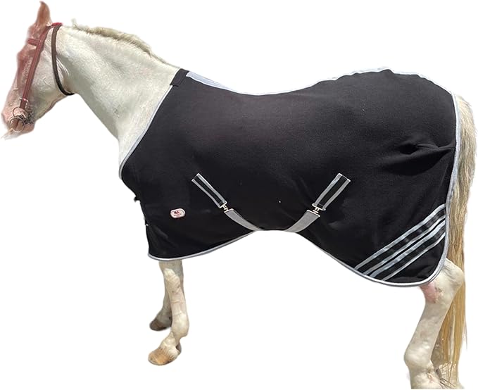 Majestic Ally Anti Pill Fleece Horse Blanket/Sheet with Silver Braided Rope (Black, 74)