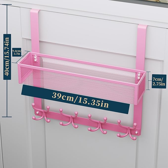 Consumest Over The Door Hooks Organizer - Over Door Hanger with 16 Hooks & 2 Baskets for Hanging Coat, Clothing, Towel, Back Storage for Bathroom, Closet, College Dorm, Pink