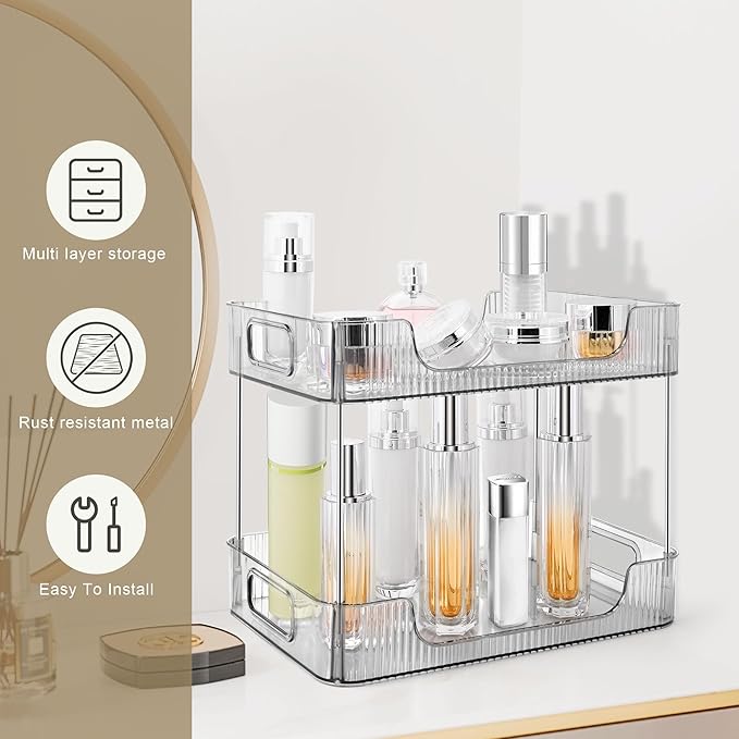 2-Tier Bathroom Counter Organizer Countertop Storage, Dresser Organizer Vanity Tray for Makeup, Perfume Organizer Cosmetics Skincare Shelf- Grey