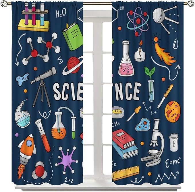 Science Physics Window Curtains, Abstract Math Chemistry Curtain Scientist Graffiti Print Window Treatments for Kids Teens Bedroom Living Room Kitchen Set 2 Panels,84x84 Inches