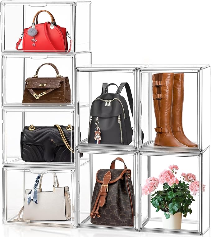 10 Pack Purse Organizer for Closet, 14.1''x8.6''x10.9 '' Clear Acrylic Display Case with Magnetic Door, X-Large Plastic Stackable Handbag Organizer for Collectibles, Figures, Size 14 Shoes, Cosmetic