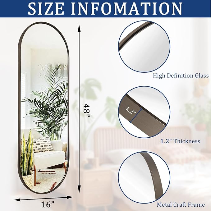 Oval Bathroom Full Length Mirror, Large 48x16'' Pill Shaped Oblong Vanity Wall