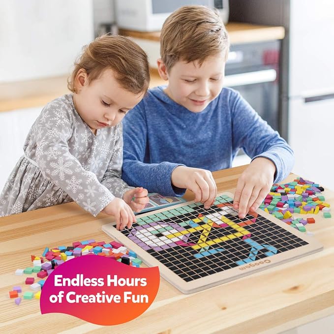 Coogam Wooden Mosaic Puzzle, 370PCS Shape Pattern Blocks with 8 Colors, Pixel Board Game Montessori STEM Toys Gift for Kids Toddlers Boys Girls Ages 4 5 6 7 Years Old