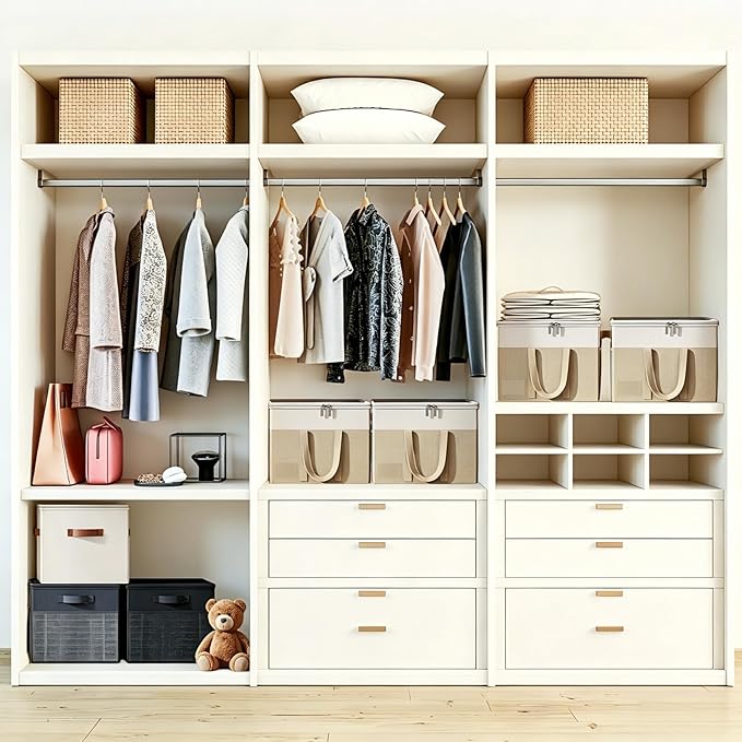 Large Shoe Organizer for Closet, Adjustable Dividers Shoe Storage Box Bins with Wheels Clear Cover Reinforced Handle Side Pocket Fits up to 16 Pairs, Foldable Shoe Organizer for Entryway Beige