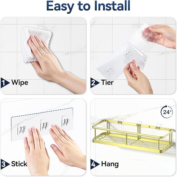 YASONIC Shower Caddy Adhesive, No Drill Bathroom Shower Organizers, with Removable Hooks, Rust Proof Shower Shelves, Wall-Mounted Shower Holder, 2 Pack Gold