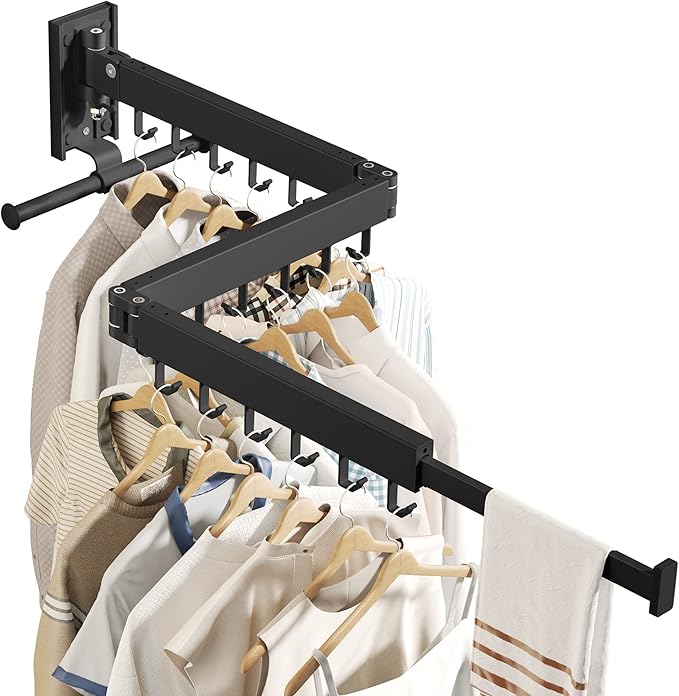 Drying Rack Clothing, Retractable Clothes Drying Rack,Wall Mounted Laundry Rack, Laundry Drying Rack Wall Mount,Collapsible Clothes Rack,can Fold Upward & Left & Right,Black Color