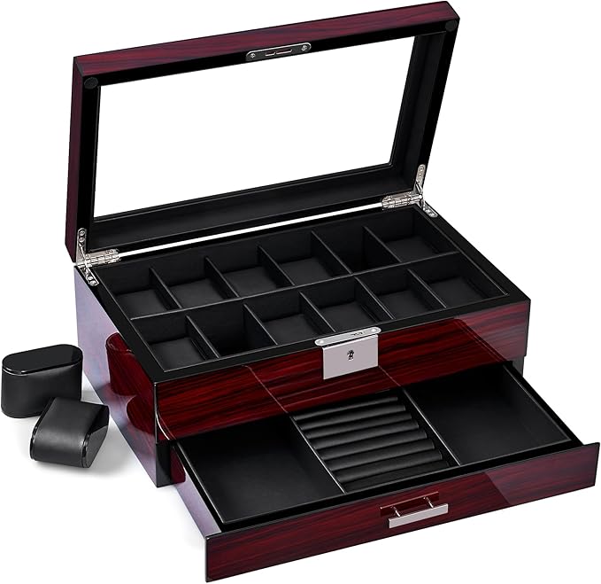 ANWBROAD 12 Slot Watch Cases for Men, Watch Box with Large Lid Jewelry Box with Watch Storage 2-Tier Paint Surface, Watch Holder Organizer for Men Lockable Watch Display Case UJWB001Y