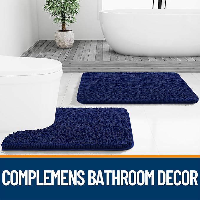 OLANLY Toilet Rugs U-Shaped 24x20, Extra Soft Absorbent Chenille Contour Bathroom Rugs for Toilet, Dry Quickly, Machine Washable, Non-Slip Bath Mat, Navy