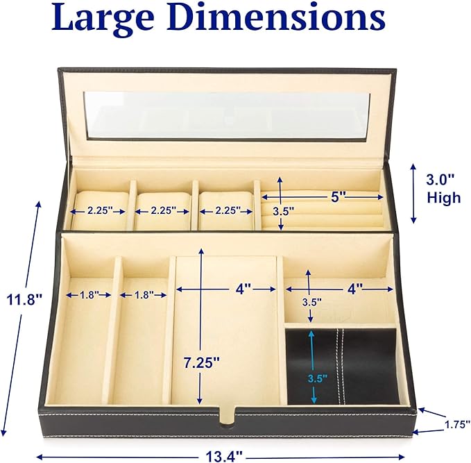 HOUNDSBAY Navigator Large Dresser Valet Tray & Mens Jewelry Box Organizer - Watch Box Organizer for Men with Angled Charging Station (Ivory)