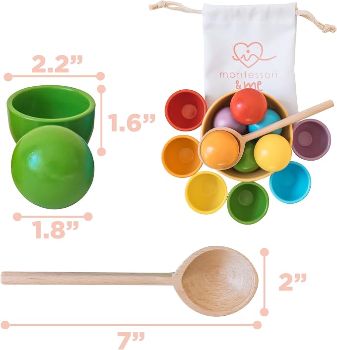 Montessori Large Rainbow Colored Sorting Ball in Cup | Preschool Color Matching Toy | Gross Motor Transfer Activity | 6 Toddler Safe Wooden Balls 46mm in Diameter - Non-Choking-Hazard