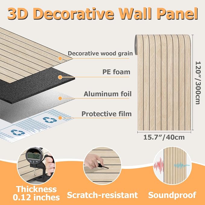 Arthome Peel and Stick Slat Wall Panels 15.7 "x120, Self-Adhesive PVC Wood