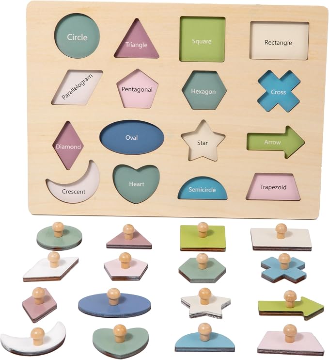 Montessori Toy for Babies 18-24 Months Wooden Shape Puzzles for Toddlers 1-3,Shape Peg Puzzles,Baby Puzzle 18-24 Months with Knob,Color & Shape Sorter for Toddlers(16 Geometric Shapes)
