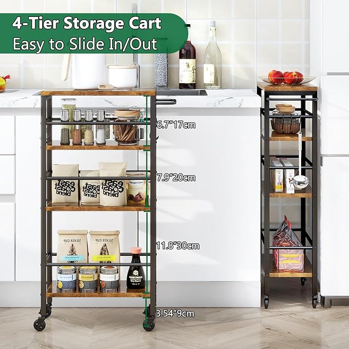 IBUYKE 7.8" Slim Rolling Cart,4-Tier Metal Kitchen Storage Cart,Trolley cart on Wheels for Narrow Space,with Handle and Wooden Tabletop,for Kitchen, Dining Room,Laundry Room,Rustic Brown UTMJ065H