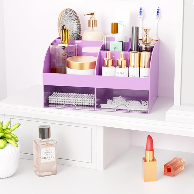 Makeup Organizer with Drawers, Cosmetic Storage for Dresser Vanity and Bathroom Countertop, Beauty Holder for Lipstick Brush, Skincare Organizer for Vanity, Cosmetic Display Case (Purple)