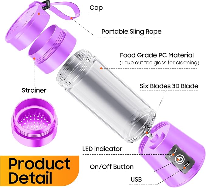 Cordless Portable Personal Size Blender - 2026 Upgraded New Blender for Shakes and Smoothies with 13 Oz BAP Free Juice Cup, USB Rechargeable Freshly Squeezed for Picnic/Sports