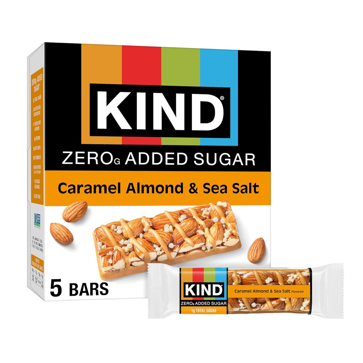 Kind Zero Added Sugar Healthy Snacks Bars, Dark Chocolate Nuts & Sea Salt, Gluten Free, High Fiber, Keto Snacks, 5g Protein, 5 Count