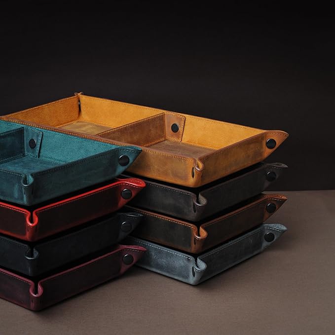 Handmade Leather Catch All Tray, Customizable Handcrafted Genuine Leather Valet Tray and Organizer for Keys, Phones, Jewels, Coins, Rectangular, Red