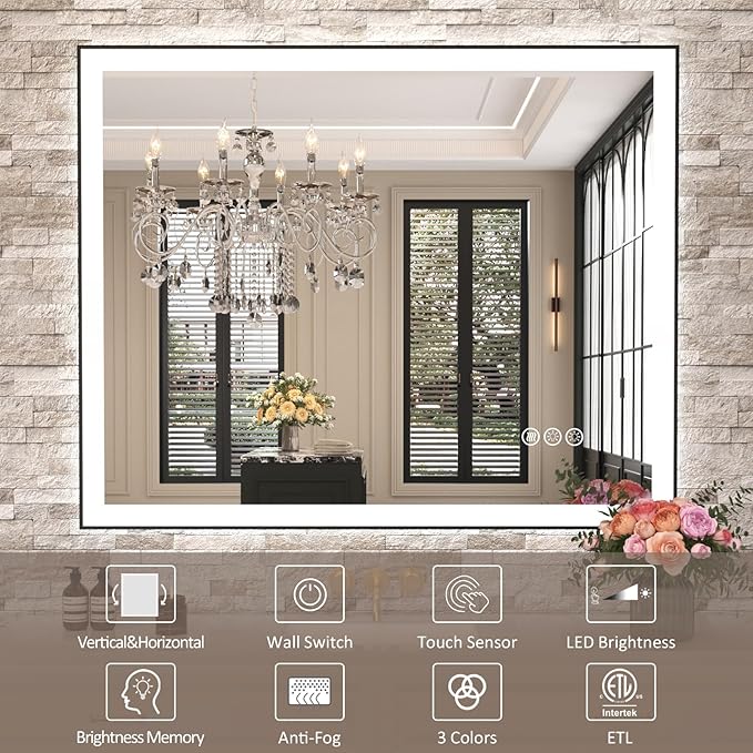 Amorho 72"x 32" LED Bathroom Mirror with Black Frame, Front Light and Backlit(Controlled Separately), Stepless Dimmable, Anti-Fog, Shatter-Proof, 3 Colors, Memory