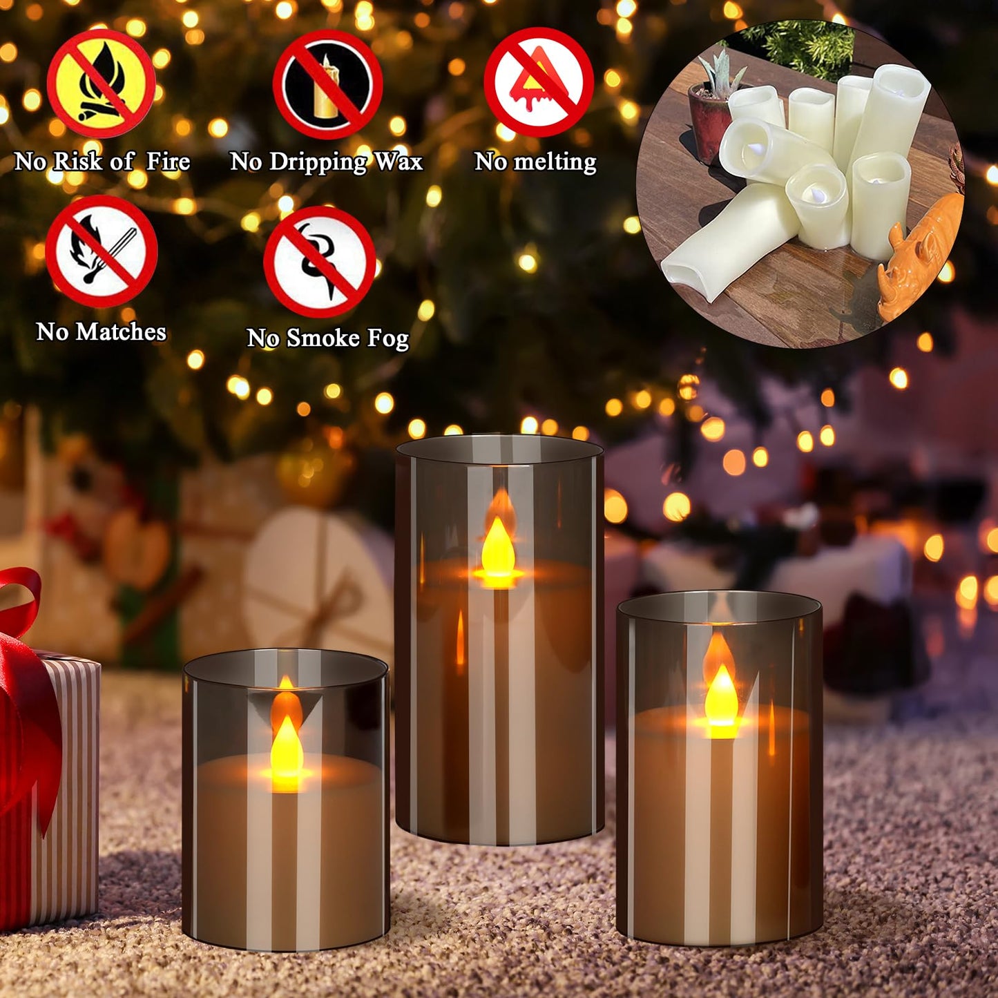 wemarry Flameless LED Candles with Remote Set of 3 Battery-Operated Acrylic Gray Pillars, 4", 5", 6" x 3" Diameter Flickering Effect with Timer Ideal for Home Décor Weddings Parties, Restaurants