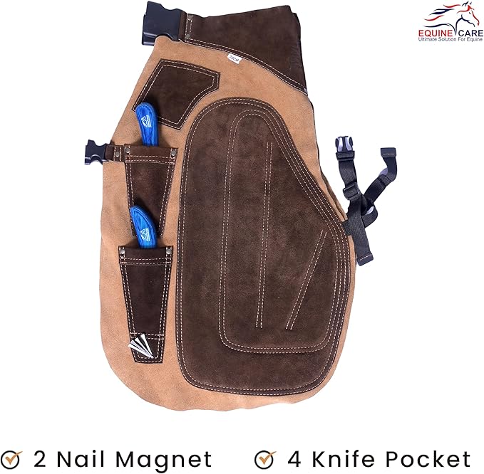 Equine Care Farrier Apron Chaps – Cowhide Suede Leather, Foam Padded Thigh and Back Support, Adjustable Waist, Tool Pockets, Magnetic Nail Holders (29 inches (70 cm))