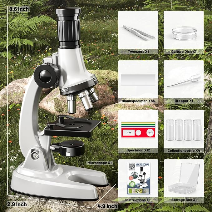 Microscope for Kids, 67 Pcs Kids Microscope Science Kit with 100X-1200X Microscope, Slides and Tools, Science Experiments Kit STEM Project Toy Gift for for Kids Boys Girls Beginner 3-5 5-7 8-12