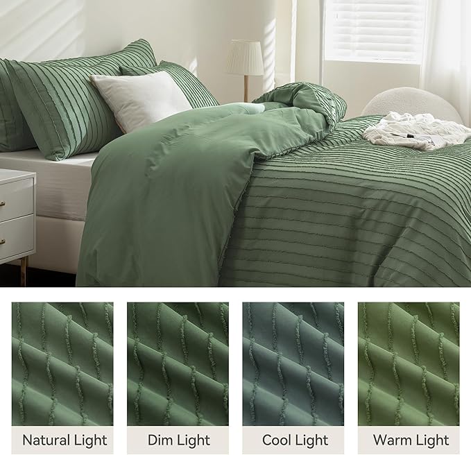 JELLYMONI Duvet Cover California King Size Green - 3PCS Boho Striped Duvet Cover Set Polyester Tufted Bohemian Textured Comforter Cover 104×98in with Corner Ties & Zipper and 2 Pillowcases