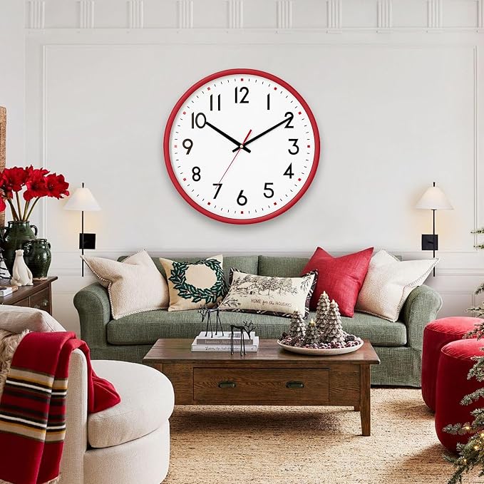 HZDHCLH Wall Clock Red, Silent Wall Clocks Battery Operated 8 Inch Modern Non