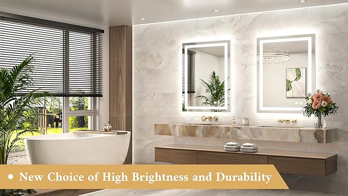 TETOTE LED Bathroom Mirror with Lights 28 x 36 Frontlit and Backlit Light up Mirror, Brighter Lighted Bathroom Mirror for Wall, 3-Color Anti Fog Mirror, Waterproof, Shatterproof Tempered Glass