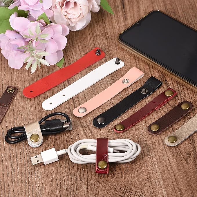 MECCANIXITY Pack of 10 Leather Cable Straps Cord Organizer 90x12mm Portable Cable Leather Clips Black Earphone Cord Management for Cable, Wire