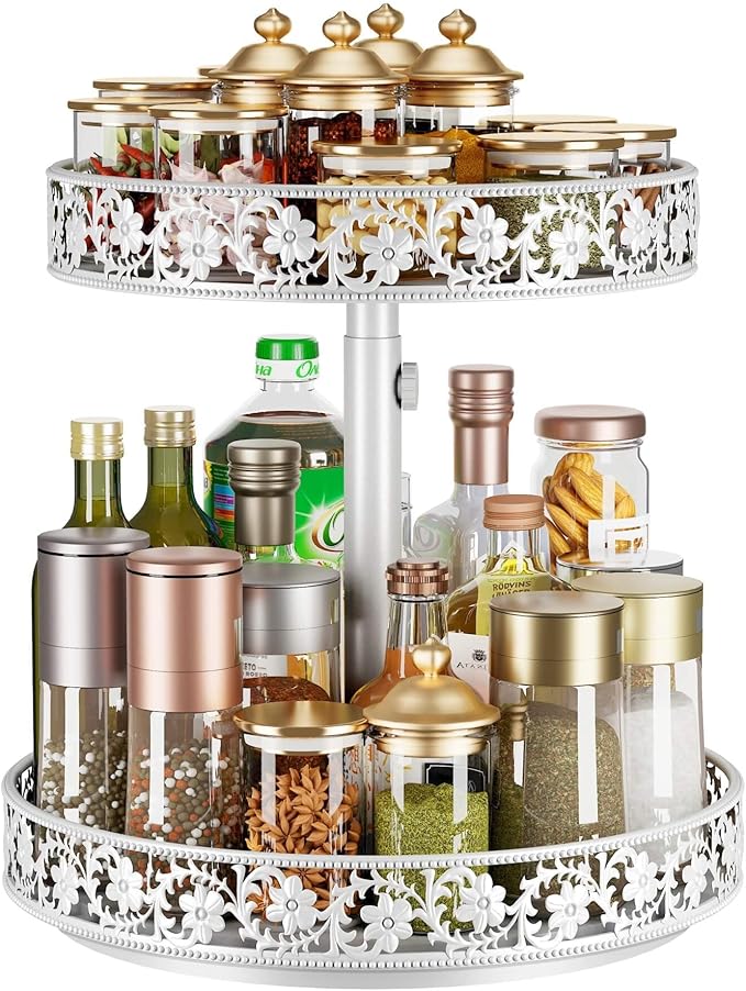 2 Tier Lazy Susan Organizer Turntable Adjustable,12 Inch Two Tier Lazy Susan Metal Easy Assembly Cleaning, Rotating Spice Rack Organizer for Cabinet Dining Table Kitchen Countertop White