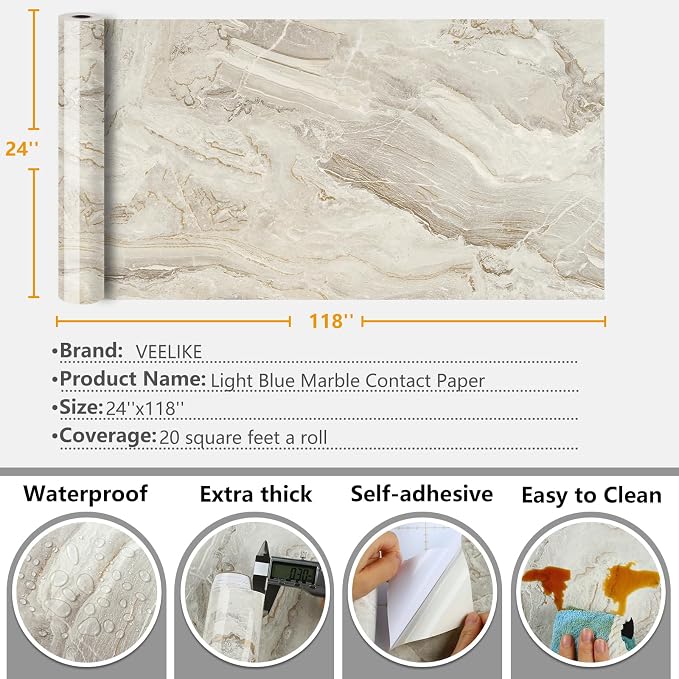 VEELIKE Glossy Beige Gold Marble Contact Paper