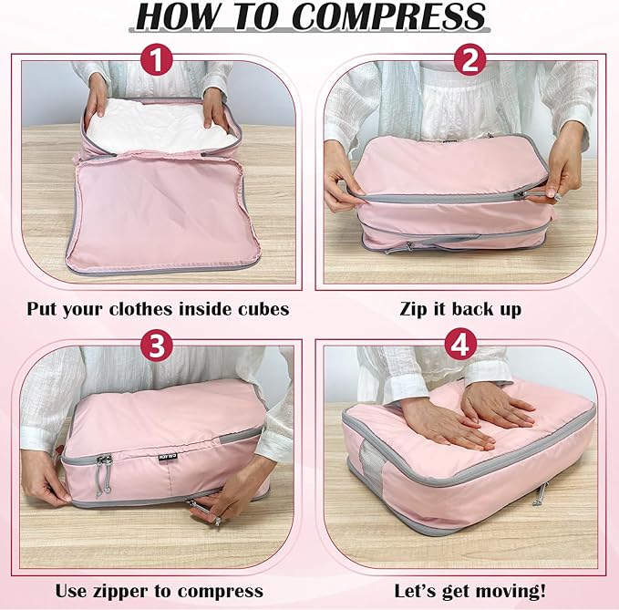 Large Compression Packing Cubes for Travel, 2 Set Compression Bags Travel Cubes for Packing Suitcase Organizer Luggage Organizer Bags Set, Pink