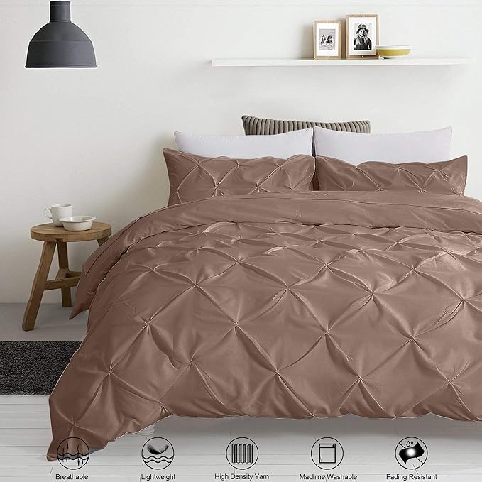 Pinch Pleated Duvet Cover Set 100% Cotton 3PC Queen Size 90x90 Duvet Cover Set, Decorative Pinch Design Taupe Duvet Cover with Matching Pillow Case