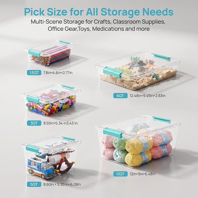 Vtopmart 4 Pack 5 Qt Clear Storage Bins with Lids for Toy & Craft Storage | Stackable Plastic Toy Bin for Home, Classroom, Plastic Art & Craft Storage Container, BPA-Free Organizer Box