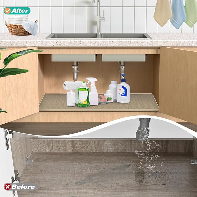 Waterproof Under Sink Mat 28" x 22", Silicone Cabinet Liner, Rubber Protector for Kitchen and Bathroom, Keeps Cabinets Clean, Dry, and Organized (Beige)