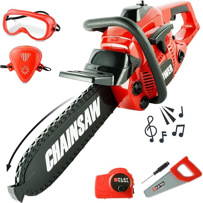 Toy Choi's Toy Chainsaw with Realistic Sound,Kids Gardening Tool Play Set | Rotatable Safe Chain, Sturdy Plastic Kids Chainsaw for Boys Girls Ages 3 4 5 6 7 8 with Toy Tool Set, Yard Pretend Play Gift