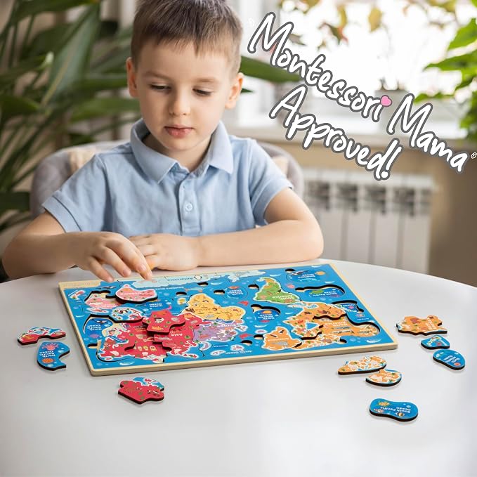 Montessori Mama World Map Wooden Puzzle, Continents and Oceans Puzzles for Kids Ages 4-6. Perfect Educational Toys for 4 Year Old Including Global Landmarks, Animals and Marine Life