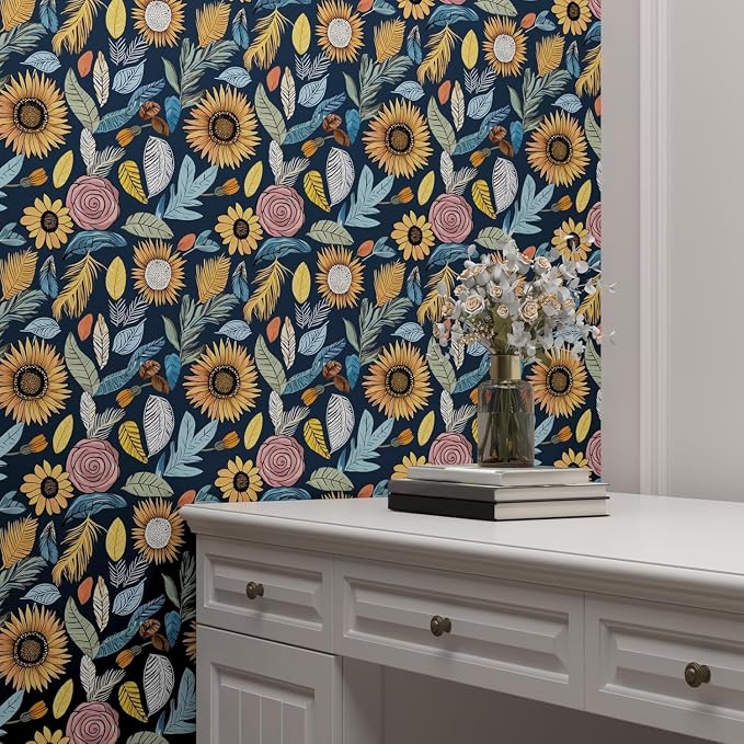 Blue Boho Wallpaper Peel and Stick, Vintage Floral Contact Paper 17.5" x 118"