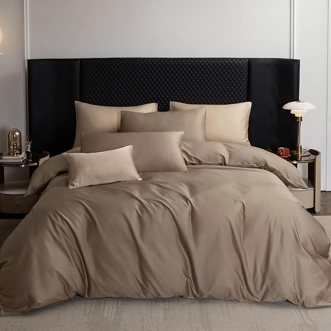MooMee Duvet Cover Set 100% Extra Long Staple Cotton 600 Thread Count Silky Sateen Smooth Luxury Soft Breathable Durable Hotel Quality Bedding, 3 Piecess (Mocha Brown, Oversized King 120"x98")