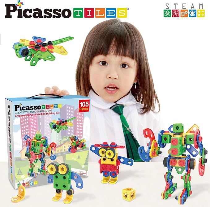 PicassoTiles STEM Learning Toys 105 Piece Building Block Set Kids Construction Engineering Kit Toy Blocks Children Early Education Playset w/IdeaBook, Power Drill, Clickable Ratchet, Age 3+ PTN105