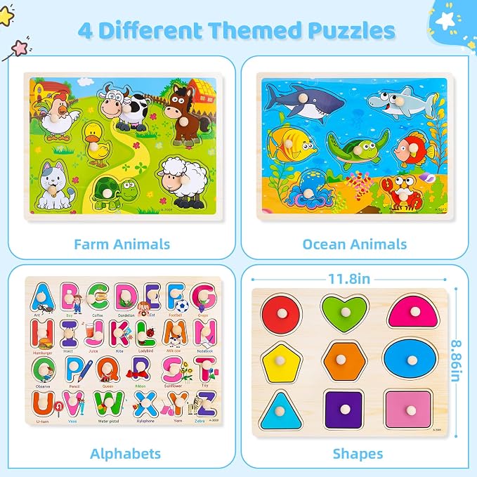 Wooden Peg Puzzles for Toddlers 3 4 Year Old, 4 Pack Montessori Toys Preschool Learning Puzzles for Toddlers with Animals, Shapes, Alphabet, Wooden Toddler Toys Gifts for Kids Boys Girls