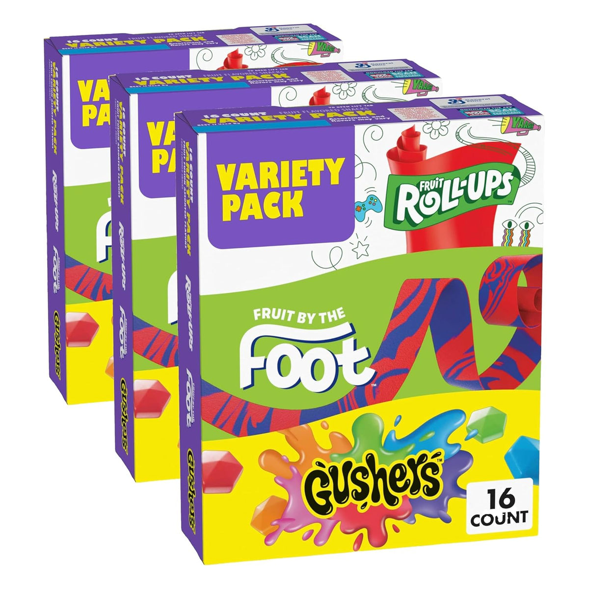 Fruit Roll-Ups, Fruit by the Foot and Gushers Fruit Flavored Snacks Variety Pack, Gluten Free, 16 Pouches, 10.2 oz