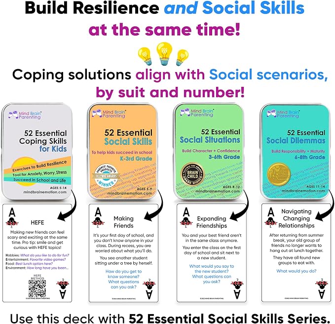 52 Essential Social Situations - Social Skills Activities for Kids (3-6th Grade) - Social Emotional Learning & Growth Mindset for Family, Classroom, Counseling - Conversation Card Games for Kids 8-12