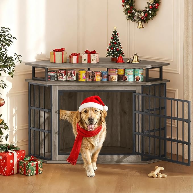 Corner Dog Crate Furniture with 2-Tier Shelves,51" Large Dog Kennel Indoor Wooden TV Stand, Modern Dog Cage Decorative Pet House