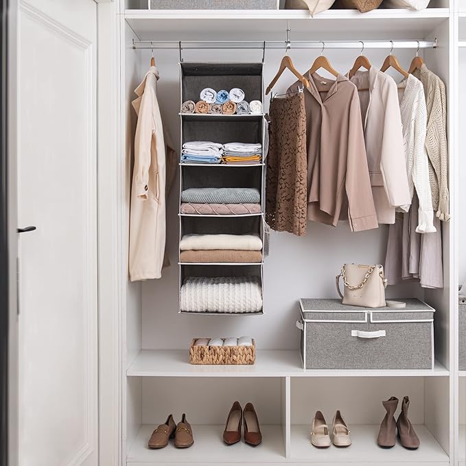 StorageWorks 5-Shelf Hanging Shelves for Closet, Foldable Hanging Closet Organizers with 2 Side Pockets, Portable Clothes Organizers for Bedroom, Wardrobe, 12 1⁄2" D x 15" W x 48" H, Gray